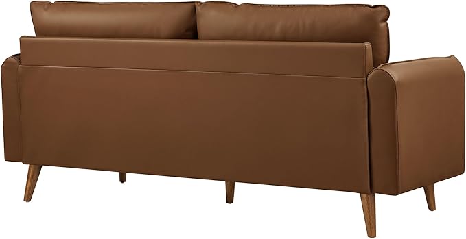 Modway Revive 72 Inch Faux Leather Sofa in Brown – 3 Seater PU Leather Couch with Cozy Wide Seats - Mid-Century Modern Upholstered Sofa for Living Room or Office