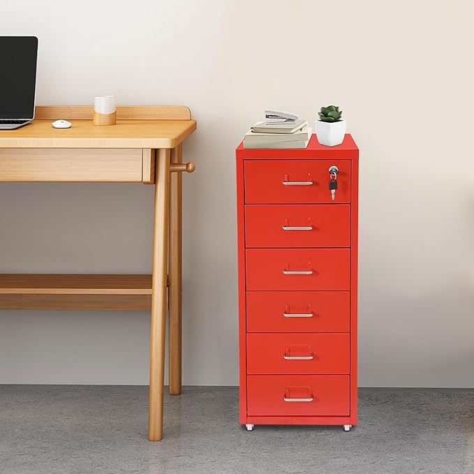 6-Drawer Metal File Cabinet Mobile File Cabinet with Lock Rolling Vertical Filing Drawers Under Desk for Home Office 11 * 16 * 27in (Red)
