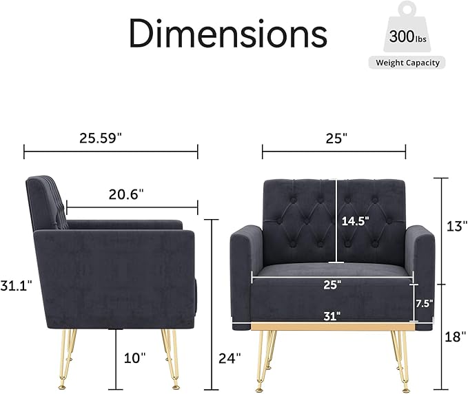 Olela Accent Chair with Arm for Living Room Velvet Modern Armchair Single Sofa Cozy Tufted Upholstered Reading Side Chairs with Gold Metal Leg for Bedroom Decorate