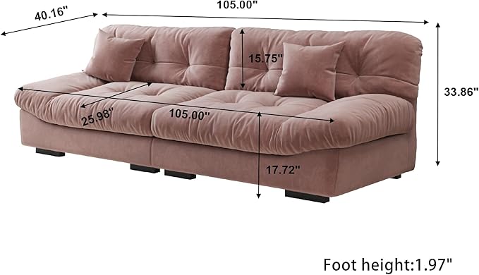 105 Comfy Cloud Sectional Couch 3 Seats Larger Sofa with 2 Pillows Minimalist Couch Modern Couches for Living Room Apartment Bedroom Office Pink