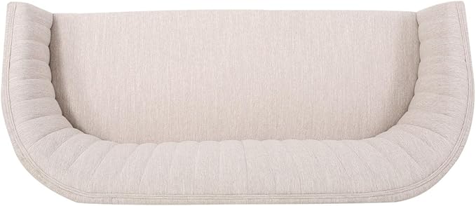 Beige Fabric Loveseat Sofa - Mid Century Modern Channel Stitched Design with Brown Rubberwood Legs for Living Room Bedroom Foyer