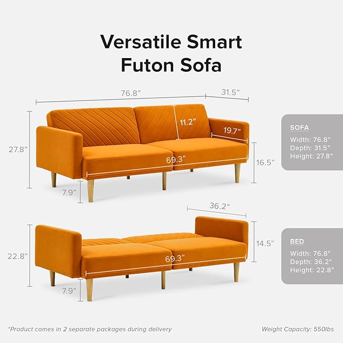 mopio 76.4 Futon Sofa Bed Couch Loveseat Sleeper Sofa Mid Century Modern Futon Couch Sofa Cama Couches for Living Room (Apricot Velvet)