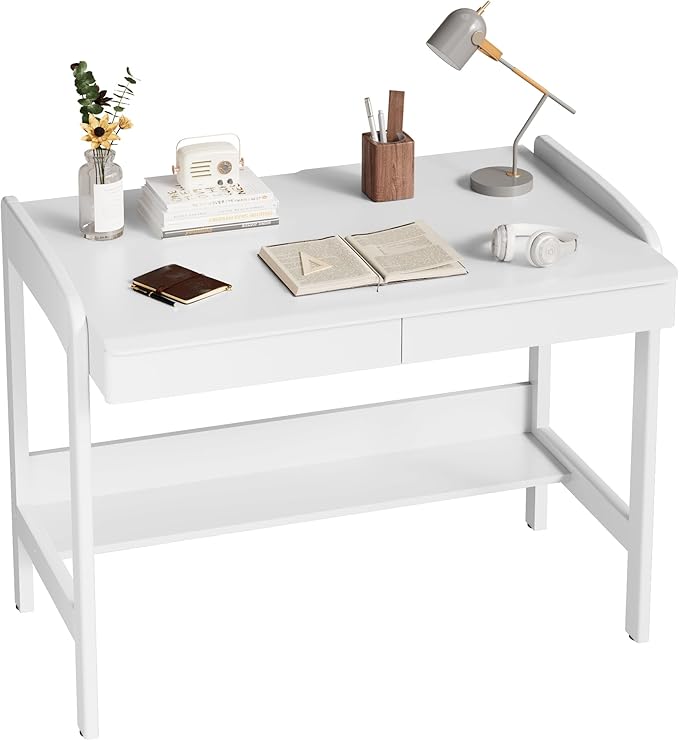 100% Solid Wood Desk with Drawers - 40 Inch Simple Modern Desks Writing Desk with Drawers &amp Shelf Work Study Table Adjustable Height Home Office Computer Desks - White