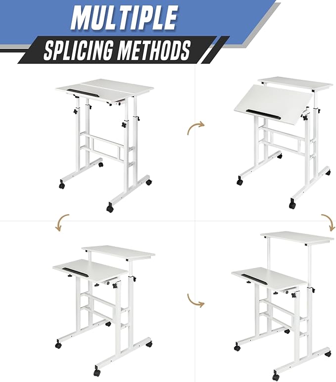 Small Standing Desk Adjustable Height and Angle Computer Laptop Desk Home Office Sit Standup Desk Portable Rolling Desk with Wheels 2 Platforms White