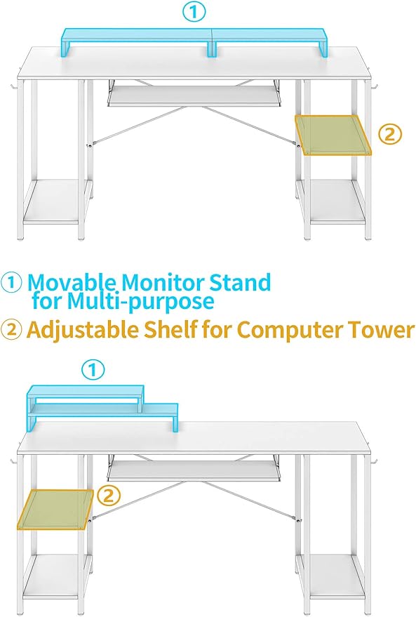 Workstation Desk with Keyboard Tray 55 Inch Computer Desk with Storage Shelves Monitor Stands and 4 Iron Hooks Industrial Desk for Home Office