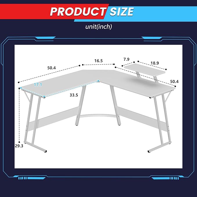 FDW L Shaped 51 Inch Gaming DeskCorner Computer DeskPC Gaming DeskWriting Workstation with Large Monitor Stand for Home OfficePure White