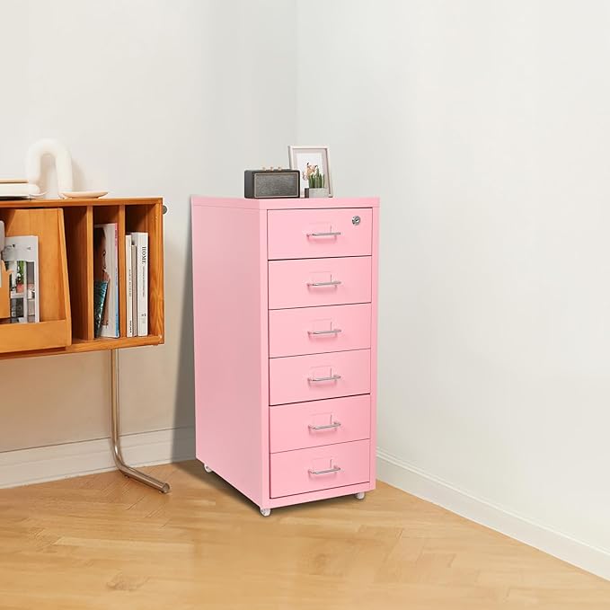 6 Drawer Filing Cabinets with Lock Metal Vertical File Storage CabinetMoblie Office File Cabinet with WheelsRolling Metal Filing Storage CabinetsLocking File Cabinet for for Home Office (Pink)