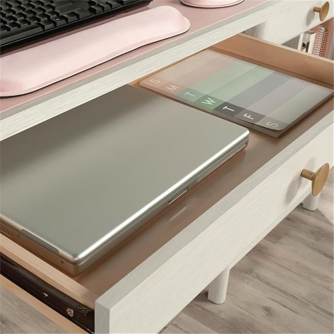 Pemberly Row Contemporary Engineered Wood Desk Glacier Oak Finish Spacious Work Surface 2 Drawers with Metal Runners Adjustable Shelf CPU Tower Storage Rounded Corners Home Office or Bedroom