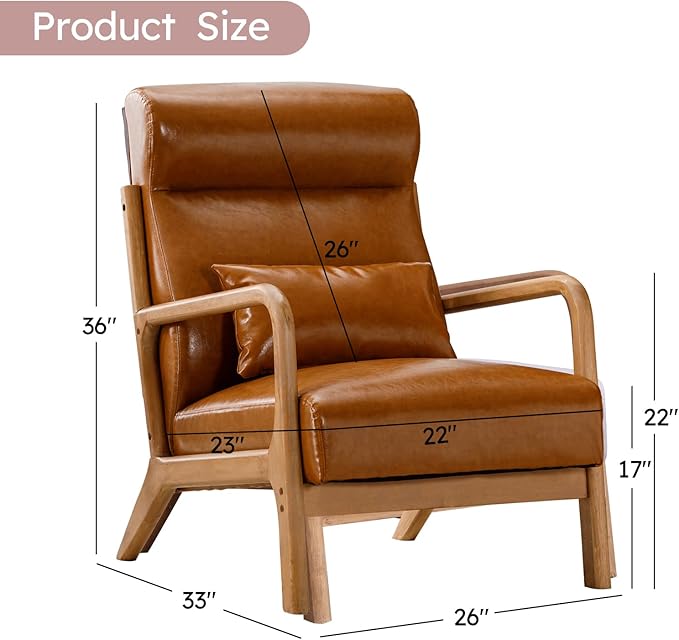 Accent Chair Mid Century Modern Chair PU Leather Fabric Living Room Chairs with Solid Wood Frame Comfy Upholstered and Lumbar Pillow Reading Side Chair Easy Assembly for Bedroom (1 Brown)