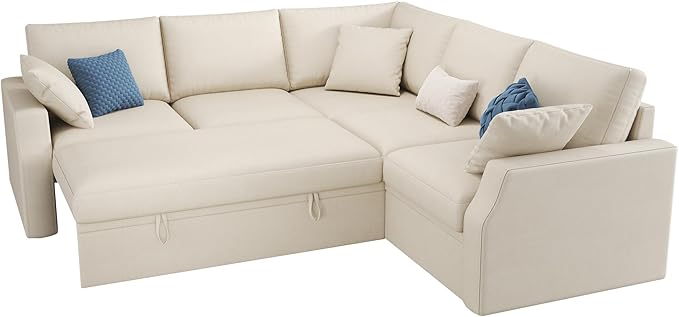 VanAcc Sofa Bed 85 Inch Sleeper Couch with Storage Seat L Shaped Sofa with Pull Out Sofa Bed Sectional Couches for Living Room Apartment Beige Linen Couch Sofa