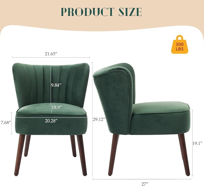 Velvet Accent Chair with Wing Backrest Mid Century Modern Living Room Chairs with Wooden Legs Comfy Single Sofa Side Chair for Living Room Kitchen Dining Room Bedroom Green