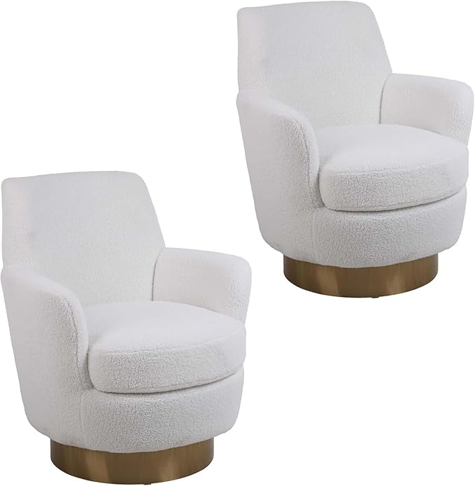 Teddy Swivel Accent Chair Set of 2 Upholstered Barrel Chair with Gold Base Comfy Sherpa Round Boucle Chair 365-degree Swivel Armchair for Living Room Bedroom Lounge Office Nursery White