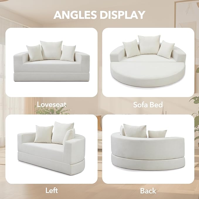 Round Boneless Couch Corduroy Upholstered Folding Convertible Sofa Bed with Pillows 2-in-1 Futon Sofa Bed with Half-Circle Design Comfy Loveseat for Living Room Apartment (Beige)