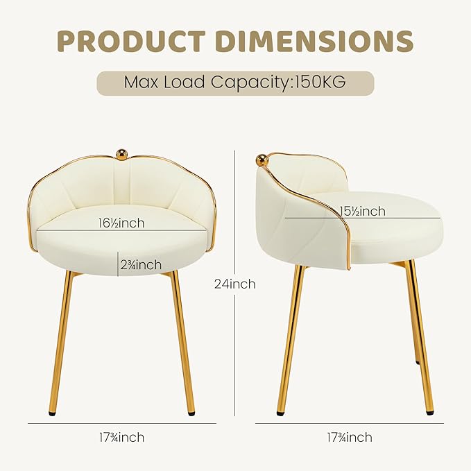 Cute Vanity Chair with Back Small Armless Leather Makeup Desk Chair No Wheels Modern Swivel Accent Vanity Stools with Gold Legs for Vanity Bedroom Dress Room Beige
