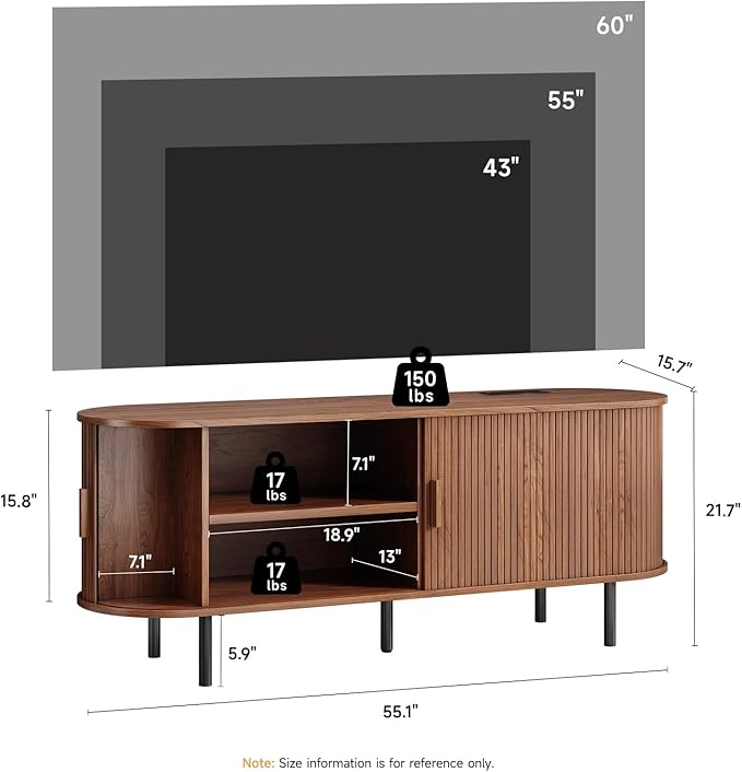 55 TV Stand with Power Outlet Mid-Century Modern Television Stand Fluted Media Console with Sliding Doors Entertainment Center for TVs up to 60 Inch Adjustable Shelves Walnut