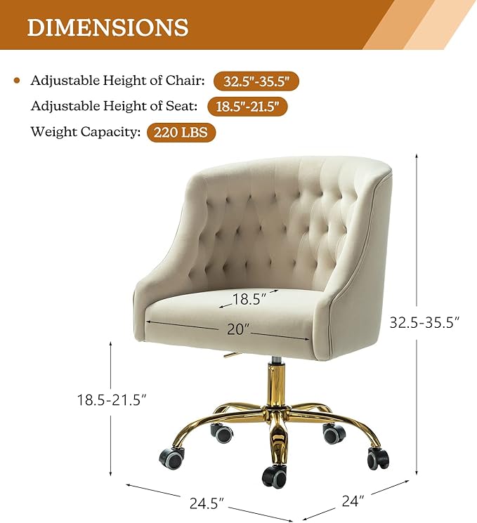 Velvet Home Office Chair with Gold Base Comfortable Modern Cute Desk Chair Adjustable Swivel Task Chair for Living Room Bedroom Vanity Study Tan