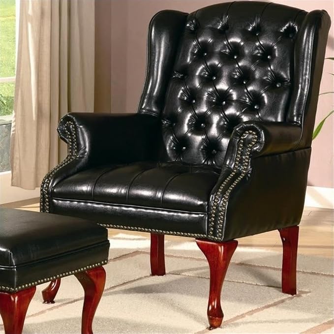 Stonecroft Furniture Tufted Faux Leather Arm Chair and Ottoman Black Upholstery Wingback Design with Nailhead Trim Espresso-Finished Legs Traditional Style for Living Room or Study