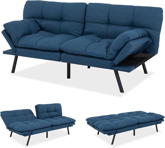 MUUEGM 71-Inch Convertible Futon Sofa Bed with Adjustable Backrest &amp Removable Armrests Foldable Sleeper Loveseat for Small Space Living Room Studio Apartment Home OfficeBlue
