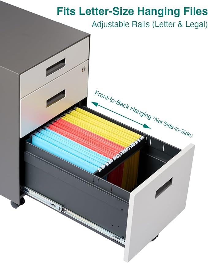 3 Drawer File Cabinet with Lock - Under Desk Metal Filing Cabinet Legal/Letter File Folders Wheels Fully Assembled White/Gray