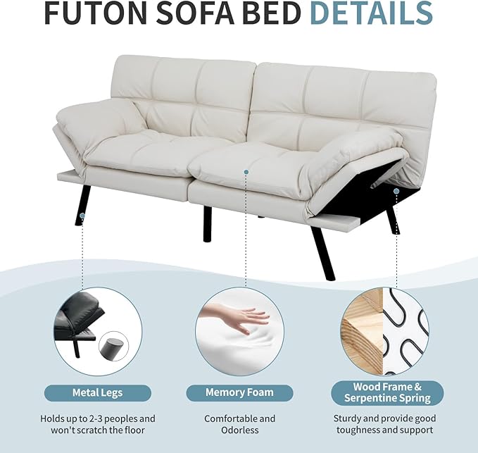 MUUEGM Futon Sofa Bed Couch Memory Foam Convertible Modern Loveseat Daybed SofaComfy Sleeper Couch for Apartment Living RoomEasy AssembleWhite