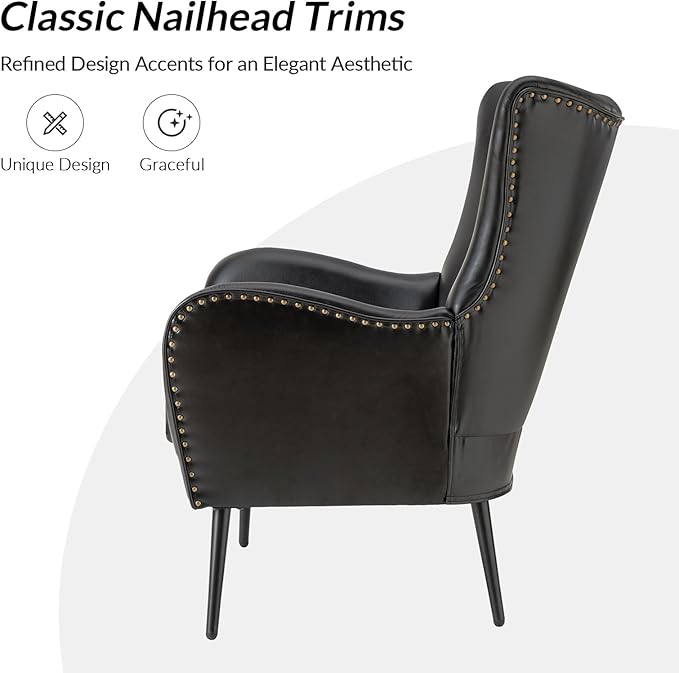 Upholstered Faux Leather Accent Chair with Black Metal Legs Comfy Armchair with Removable Cushion &amp Nailhead Trim Wingback Vanity Chair for Reading Living Room Bedroom