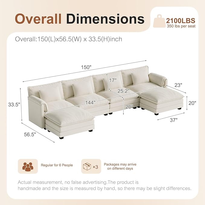 ABCASA Oversized 150 U Shaped Couch Modular Sectional Sofa 6-Seat Comfy Cloud Couch with 4 Pillows Deep Seat Couches for Living Room Bedroom and Apartment Chenille Beige