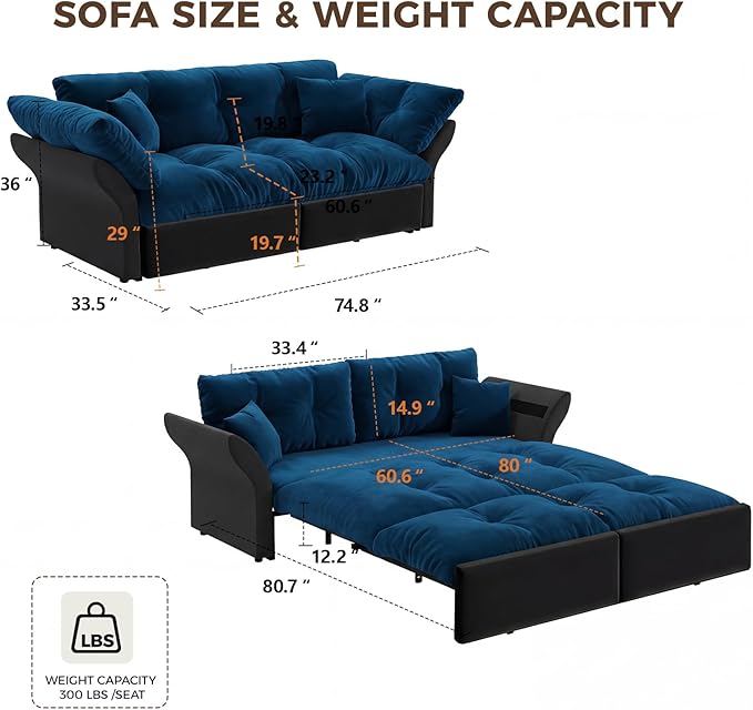 74.8 Queen Pull Out Couch BedVelvet Convertible Pull-Out Sofa Bed with Side Pockets3-in-1 Queen-Size Sleeper SofaSleeper Loveseat for Living RoomApartment Offices (Blue)