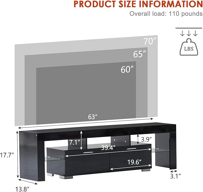 Nrizc Black LED TV Stand for 75 Inch TV High Gloss TV Entertainment Center with Storage Drawer TV Console Table for Living Room Bedroom