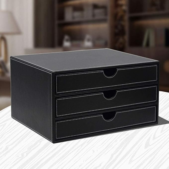 File Cabinets Filing Cabinets for Home 3 Drawer Desktop Leather File Classification Data Storage Box 33.5X25.5X18Cm Bookcase (Black)