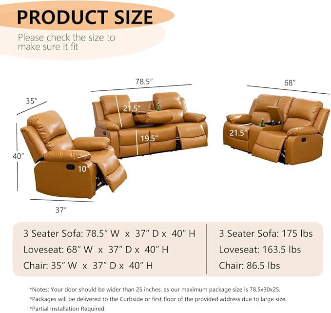 Leather Manual Recliner Sofa Modern 3 Seat Reclining Sofa Recliner Couch with Cup Holders &amp Coffee Table Luxury Couch Furniture for Living Room/Office/RV Car/Home Theater (3 Seater Ginger)