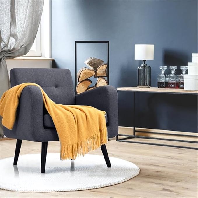 Pemberly Row Contemporary Fabric Accent Chair Gray Linen Upholstery Rubber Wood Legs Tufted Backrest 29.5 L x 29.5 W x 32.5 H Comfortable Living Room or Reception Room Seating