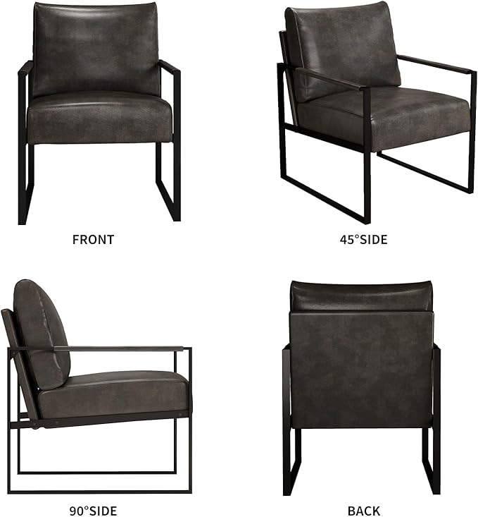 Leather Accent Chair Set of 1 Metal Framed Armchair with Extra Soft Backrest and Cushion Mid Century Modern Chair with Sturdy Structure Modern Arm Chair for Living Room/Office/Bedroom Dark Grey