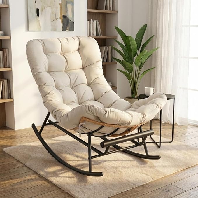 GAOMON Papasan Rocking Chair with Foot Rest and Thick Waterproof Cushion Ergonomic Papasan Chair with Metal Frame &amp PE Rattan Lounge Chairs for Patio Garden Lawn Living Room and Relaxation Spac