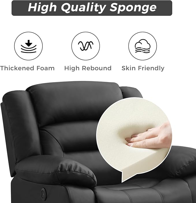 EBELLO Classic Power Recliner Chair Faux Leather Oversized Electric Overstuffed Chair with Soft Cushion and Back Sofa with Comfortable Armchair for Living Room Black