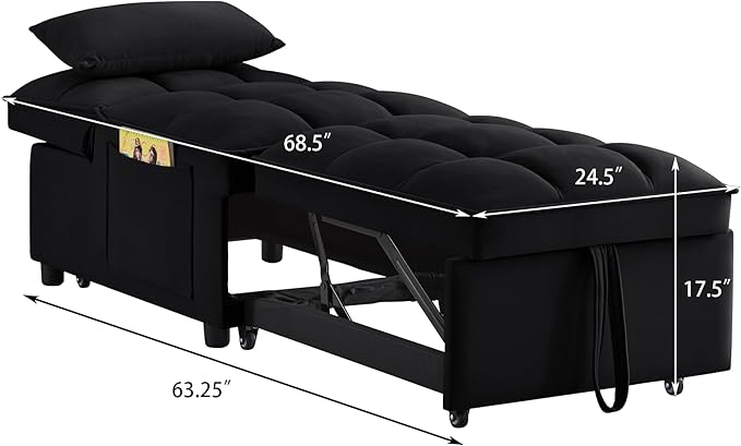 LUMISOL 4 in 1 Loveseat Sofa Bed with Armrests and Storage Pockets Multifunctional Tufted Pull-Out Sofa Bed with Adjustable Backrest and Pillows Convertible Loveseat Sofa Couch 1 Seat Black