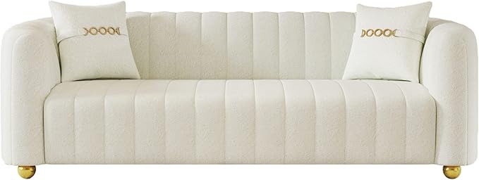 Modern Teddy Cream White Couch for Living Room 83.46 Curved Sofa with Gold Metal Sphere Legs 3 Seater Cute Couch (Teddy Cream White)