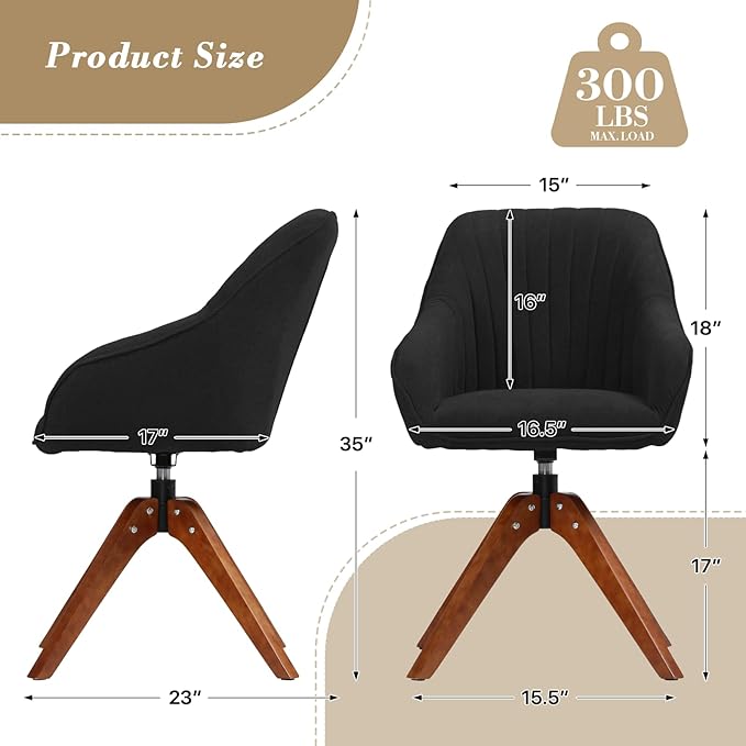 Athena Collection Swivel Modern Accent Chair Linen Upholstered Armchair Office Desk Chair No Wheels with Wooden Legs Comfy Vanity Chair Reading Chair for Bedroom Living Room Black