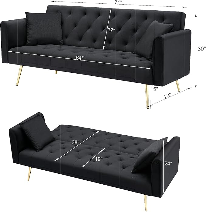 71 Velvet Futon Sofa Bed Convertible Sleeper Couch with 2 Pillows - Modern Loveseat Small Sofa 3-Angle Adjustable Backrest Golden Metal Legs for Living Room Bedroom Apartment Easy Assembly (Black)