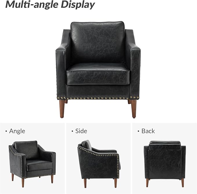 HULALA HOME Faux Leather Accent Armchairs Set of 2 with Back &amp Seat Cushions Traditional Club Chairs with Nailhead Trim Comfy Upholstered Sofa Chairs for Living Room Bedroom Black