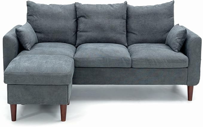 Panana Convertible Sectional Sofa CouchL-Shaped 2 or 3-Seat Sofa Sectional with Reversible Ottoman for Small Living Room Apartment (Gray Linen Fabric 3 Seater with Ottoman - Curved arms)