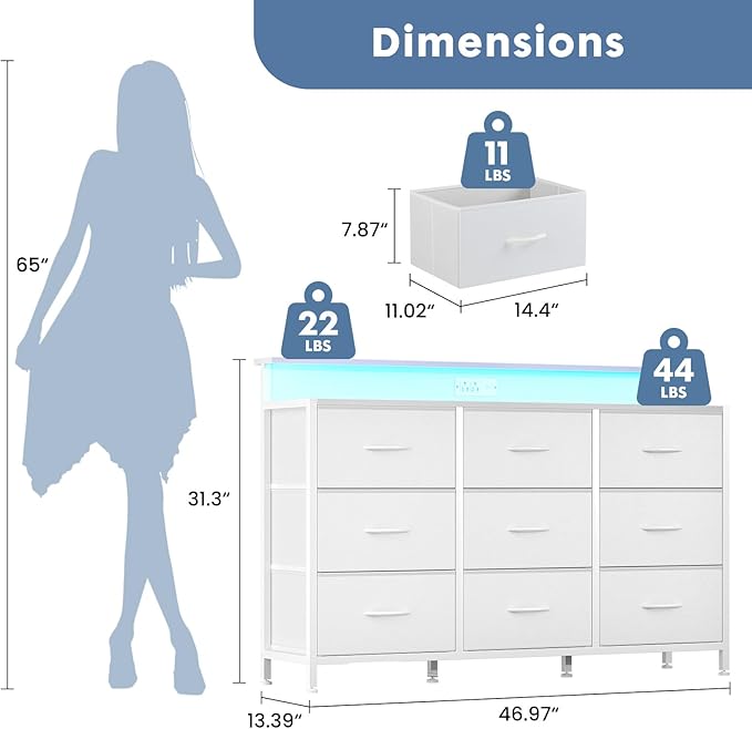 DUMOS TV Stand Dresser with 9 Fabric Drawers and Open Shelves Entertainment Center with LED Lights Charging Station for Bedroom Wood Top Media Console for 45-55 inch TV Stand with Storage White