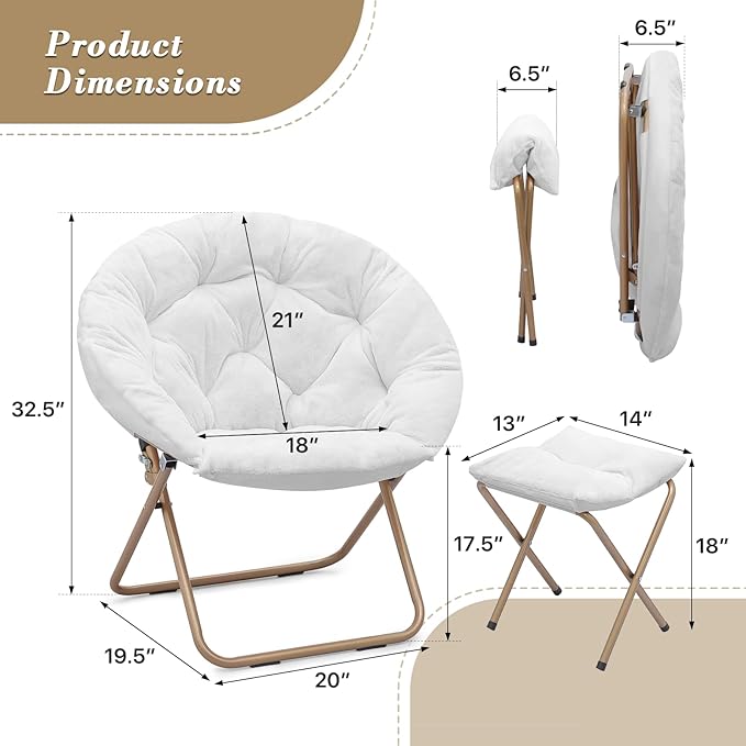Athena Collection Round Saucer Chair with Ottoman Set of 2 for Adults Oversize Comfy Cozy Faux Fur Folding Reading Chair with Metal Leg Lazy Relaxing for Living Room Bedroom Dorm Apartment White
