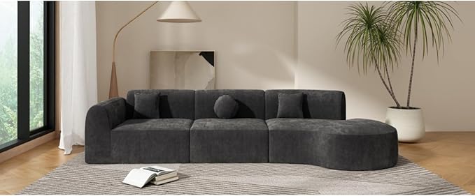 140 Modern Curved Sectional Sofa with High-Density Fully Compressed Sponge and Chaise Lounge 3-Piece Set Fully Assembled Right Hand Facing Perfect for Living Room Lounge (Dark Gray)