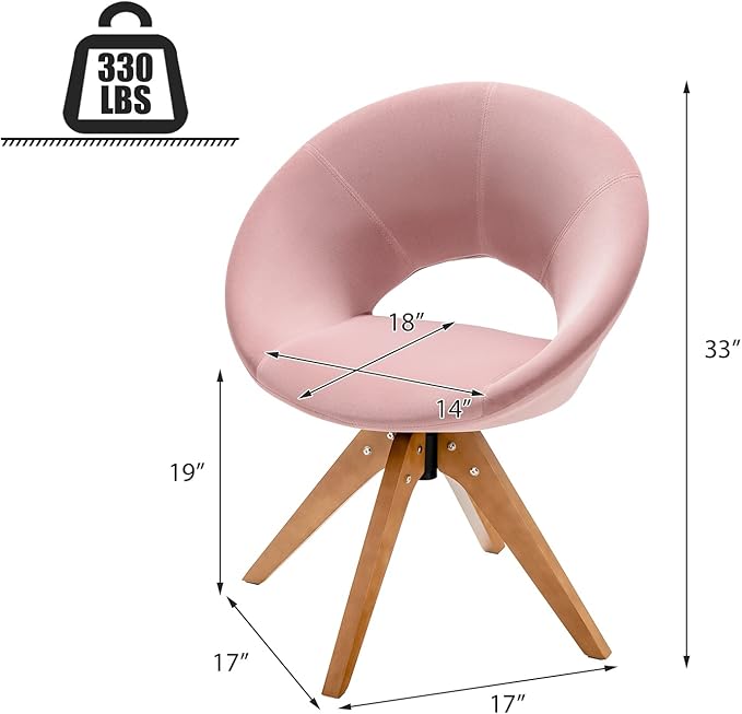 Giantex Swivel Accent Chair Modern Office Chair with Wood Legs Oversized Upholstered Seat Round Tufted Back Velvet Vanity Chair for Living Room Bedroom Pink