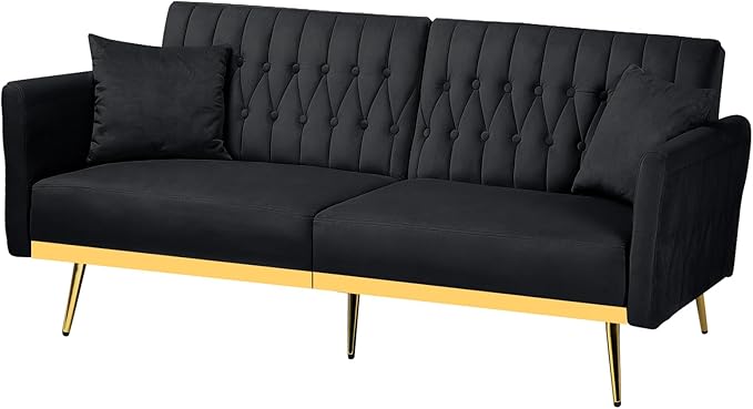 70” Velvet Futon Sofa Bed with 2 Pillows and Adjustable Armrests Convertible Sleeper Bed W/Adjustable Backrests Modern Loveseat for Living Room Bedroom Black