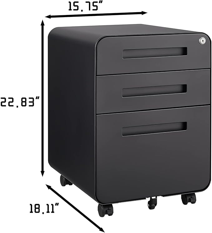 Lateral File Cabinet with Lock Metal Filing Cabinet for Home Office Metal 3 Drawer Mobile File Cabinet Under Desk Office for Legal/Letter A4 Size 5 Wheel Design Black B