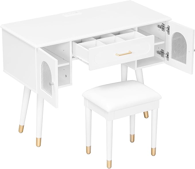 Merax Modern Desk Computer Desk with Stool Elegant Frosted Glass Doors Writing Desk with 1 Compartment Storage Drawer &amp 2 Cabinets &amp Charging Port for Home Office White