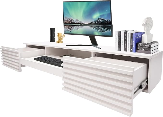 Floating Desk 60'' Wall Mounted Computer Desk with 2 Drawer &amp Keyboard Tray Home Office Desk Workstation Cable Hole Laptop PC Table for Living Room Bedroom Office White