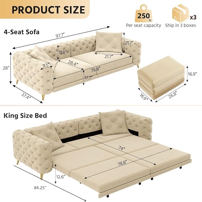 97.7'' Velvet Pull Out Sofa Bed King with Ottoman 3-in-1 Convertible Sleeper Sofa Couch Modern Tufted Deep Seat Couch with Pillows Comfy Couches for Living Room Apricot