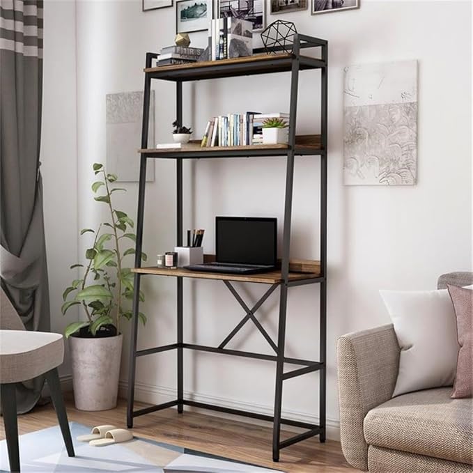 Pemberly Row Transitional Metal Writing Desk 36 W x 17 D x 73.63 H Brown and Black Finish USB and Power Outlet Steel Frame with Shelves Minimalist Design Home Office Desk